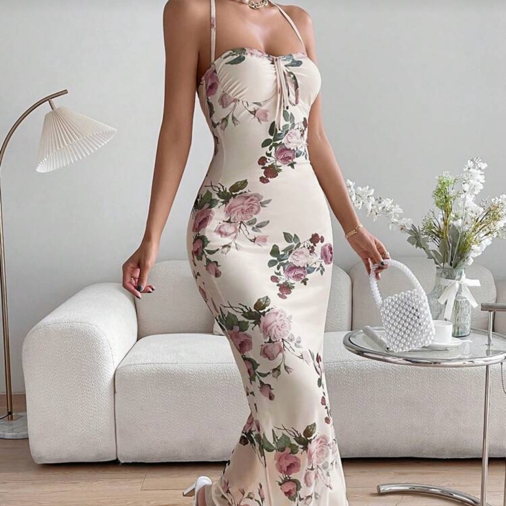 Floral Print Maxi Dress - Cream and Pink